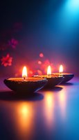 Glowing oil lamps with burning flames casting warm reflections against blue and purple background, creating spiritual atmosphere for meditation and diwali celebration.