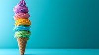 Colorful rainbow ice cream scoops stacked in waffle cone against turquoise background. Vibrant frozen dessert with purple, pink, yellow, blue and green flavors.