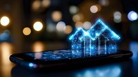 Glowing blue holographic house emerging from smartphone screen with bokeh lights background, representing digital real estate and smart home technology.