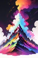 Vibrant mountain peak under colorful smoke clouds with rainbow gradient effect, dramatic fantasy landscape against dark sky with glowing particles.