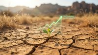 Young green seedling sprouting from cracked drought-stricken soil with upward growth arrow and sustainable investments text overlay, symbolizing environmental recovery and eco-friendly business growth.