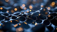 Abstract macro photography of water droplets on dark surface with golden bokeh lights creating atmospheric mood.