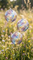 Three iridescent glass ornaments hanging outdoors in natural sunlight with colorful wildflower meadow background for holiday and seasonal decorating.