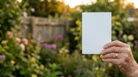 Senior male hand holding blank white card in lush garden setting with flowering plants and greenery, suitable for advertising, marketing mockups, and promotional campaigns.