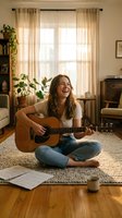 Young woman musician laughing while playing acoustic guitar sitting cross-legged on living room floor with sheet music and coffee cup nearby.