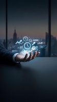 Businessman hand holding glowing digital icons of clocks, charts, and gears above desk, symbolizing time management and business productivity.