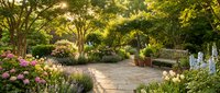 Tranquil garden patio with stone pathway, blooming hydrangeas, lush greenery and wooden bench creating peaceful outdoor living space for relaxation.