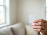 Male hand holding blank white card in bright interior space with window and blurred furniture background for business messaging and branding mockups.