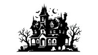 Spooky haunted mansion silhouette with gothic architecture, bare trees, and crescent moon. Isolated on white background, ready for Halloween designs, t-shirts, and clipart applications.
