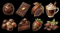 Chocolate clipart set with truffles, cacao pod, hot cocoa, cake slice, and dipped strawberry, isolated on transparent background. Ready for t-shirt design, stickers, and print on demand.