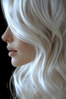 Profile view of young woman with platinum blonde wavy hair covering eyes, soft smile and natural makeup against dark background. Artistic beauty portrait.