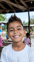 Young Asian boy with spiky hair and bright genuine smile wearing white t-shirt outdoors at summer camp, expressing pure joy and happiness in casual setting.