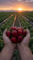 Fresh strawberries cupped in farmer hands at sunrise over agricultural field rows. Organic fruit harvest concept for healthy eating and sustainable farming.