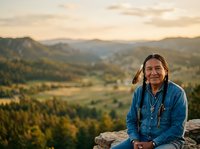 Man with long dark hair and Native American heritage wearing denim shirt sitting on mountain overlook with forested valley landscape below, outdoor portrait for travel and lifestyle use.