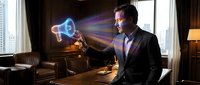 Professional businessman in suit interacting with futuristic holographic interface technology in modern office environment for business presentations.