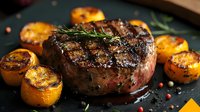 Juicy grilled beef tenderloin steak with charred lemons and fresh rosemary sprigs on dark background, close up view showing medium rare doneness and caramelization.