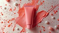 Coral pink cosmetic tube with creamy texture smears and white pearl spheres on light background. Creative beauty product photography for skincare advertising.