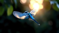 Luminous blue dragonfly in flight with spread wings against blurred natural background with golden bokeh lights and green foliage at sunset.