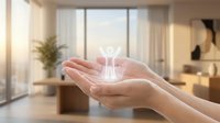 Hands holding glowing lightbulb hologram in modern office interior representing innovation, creativity and bright ideas for business solutions.