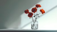 Red carnations in clear glass vase against white wall with dramatic diagonal shadow creating minimalist composition and modern aesthetic appeal.