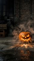 Carved jack-o-lantern pumpkin with glowing face surrounded by swirling fog and smoke in dark industrial brick warehouse setting for seasonal holiday celebrations.