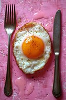 Sunny side up fried egg with crispy edges and bright orange yolk on pink textured background, served with vintage silverware fork and knife for breakfast.