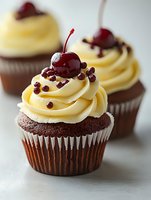 Chocolate cupcakes with vanilla buttercream frosting topped with maraschino cherries and chocolate chips for bakery dessert menu or celebration treats.