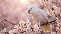 White cockatoo parrot perched on blooming cherry blossom branch with soft pink bokeh background. Spring wildlife scene with delicate flowers and exotic bird.