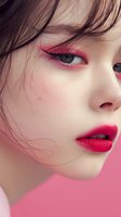 Close-up portrait of young Asian woman with bright red lipstick, dramatic winged eyeliner, and flawless pale skin against pink background, fashion beauty makeup.