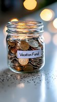 Glass jar filled with coins labeled vacation fund against blurred bokeh lights, representing savings goals and financial planning for travel and leisure.
