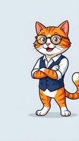 Cartoon orange tabby cat character wearing glasses and business vest with crossed arms, professional mascot for corporate branding and marketing materials.