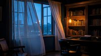 Cozy home office with illuminated bookshelf, desk, and window overlooking evening cityscape. Warm lighting creates comfortable workspace for reading, studying, or remote work.