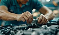 Close-up of skilled male technician's hands working on motorcycle engine assembly in manufacturing facility. Precision engineering in action.