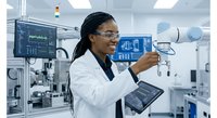 African American female scientist in white lab coat holding tablet computer in modern pharmaceutical laboratory with advanced equipment and monitors.