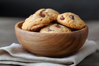 Freshly baked chocolate chip cookies in wooden bowl on linen napkin. Homemade sweet treats for bakery, cafe menu, dessert recipes and comfort food concepts.