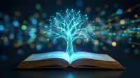 Digital tree of knowledge emerging from open book with glowing branches and particles, representing education, learning, wisdom, and intellectual growth for educational and technology concepts.