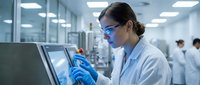 Female scientist in protective eyewear and blue gloves working with tablet computer in modern laboratory. Research technology medical testing facility.