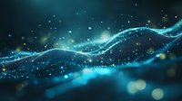 Glowing turquoise wave of particles flows through dark space creating magical atmosphere with bokeh light effects and shimmering dots for abstract backgrounds.