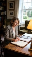Middle-aged woman, Caucasian ethnicity, professional businesswoman wearing gray blazer and pearl necklace, writing in notebook at wooden desk in elegant home office with bookshelves, framed artwork, and large windows overlooking garden.