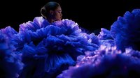 Young Asian woman surrounded by ethereal blue peony flowers in dramatic lighting, creating dreamy artistic portrait with dark background and glowing petals.