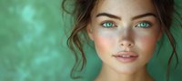 Young woman with striking green eyes and freckles on blurred turquoise background. Natural makeup, messy updo hairstyle and soft dreamy expression creates romantic mood.