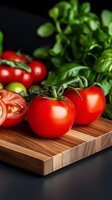 Fresh red tomatoes and green basil on wooden cutting board against dark background, ingredients for Italian cuisine preparation.