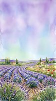 Watercolor lavender field landscape with purple flowers, farmhouse and cypress trees under pastel sky for rustic home decor and botanical art projects.