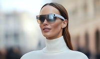 Young Caucasian woman wearing smart augmented reality glasses and white turtleneck sweater, looking confident with slight smile against blurred urban background.