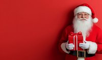 Cheerful senior man in traditional red Santa costume holding wrapped gift box against vibrant red background with copy space for seasonal message.