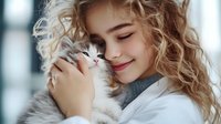 Young Caucasian woman with curly blonde hair wearing gray sweater embracing fluffy white and gray cat. Tender moment of connection between pet owner and feline companion.