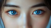 Young Asian woman with striking blue eyes and natural makeup showcasing beauty and skincare concepts for cosmetic and wellness industry applications.