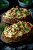 Freshly baked pretzel bread topped with melted cheese, garlic butter, and chopped parsley on wooden board. Dark moody food photography with selective focus.