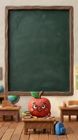 Blank chalkboard with wooden frame in classroom setting, featuring animated red apple character with books and backpack for educational content and back-to-school designs.