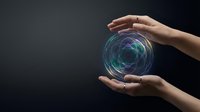 Hands protecting glowing digital sphere with network connections on dark background representing technology security and data protection concepts.